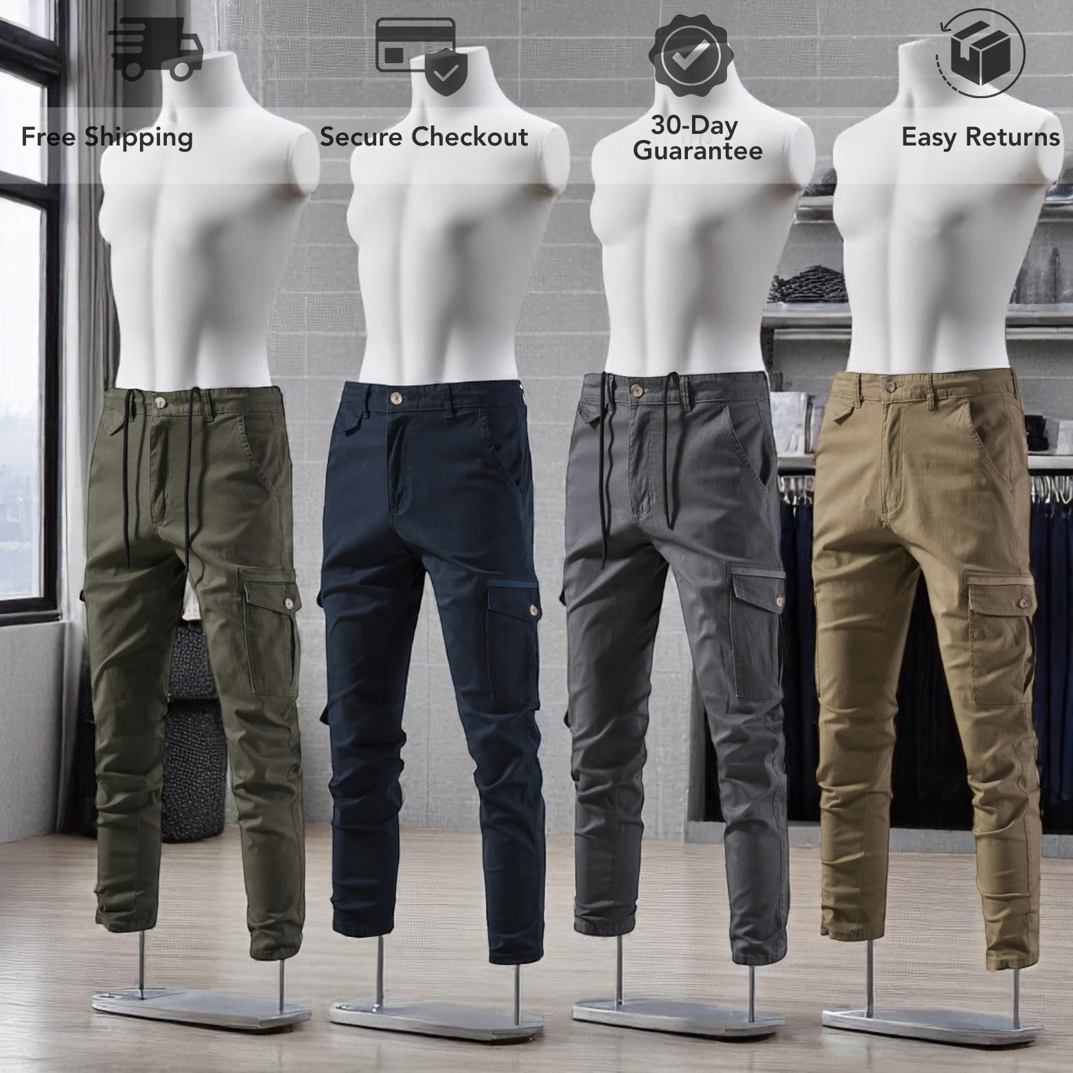Men’s Cargo Pants Color Options Display – The Crew