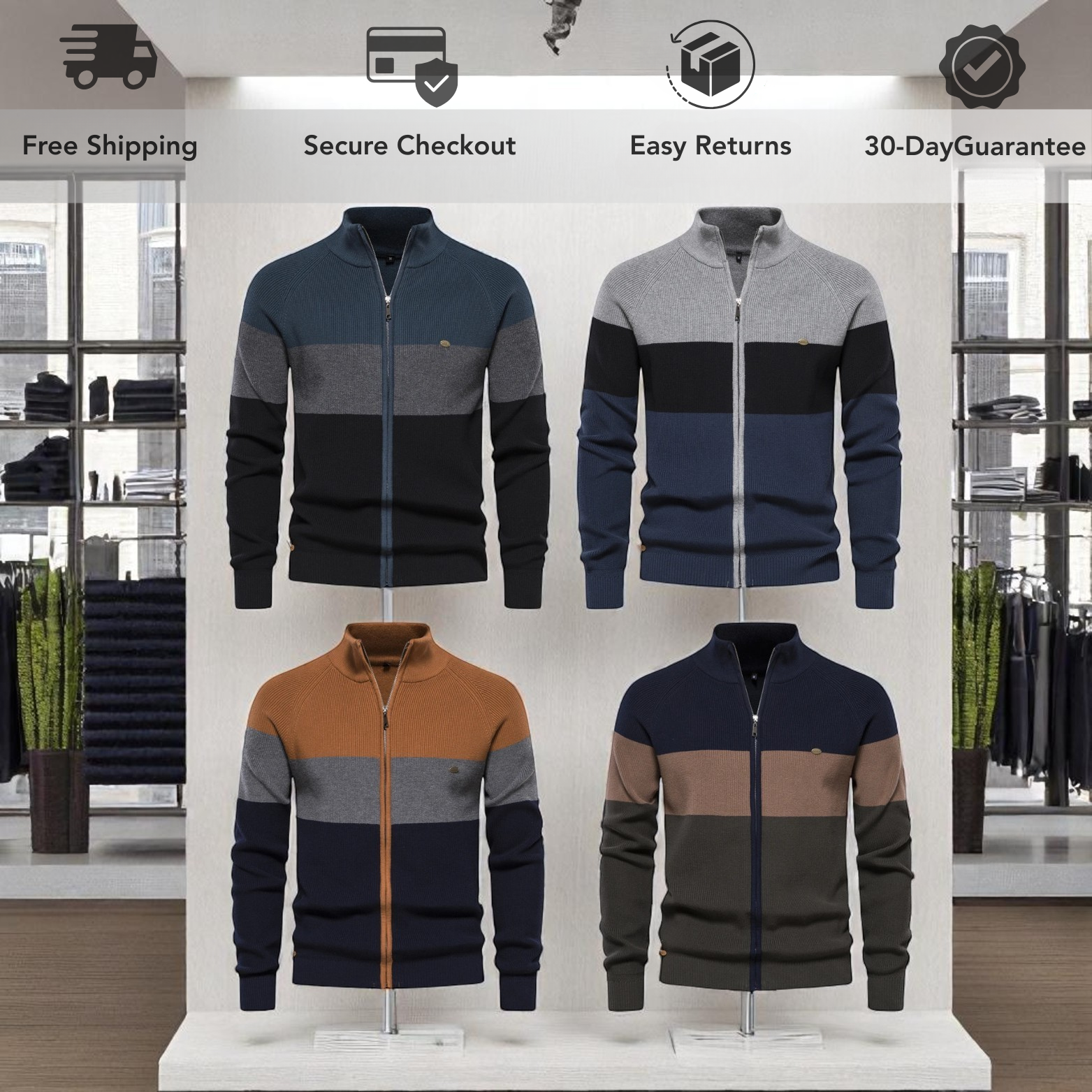 Patchwork zip cardigan color options display men – The Crew