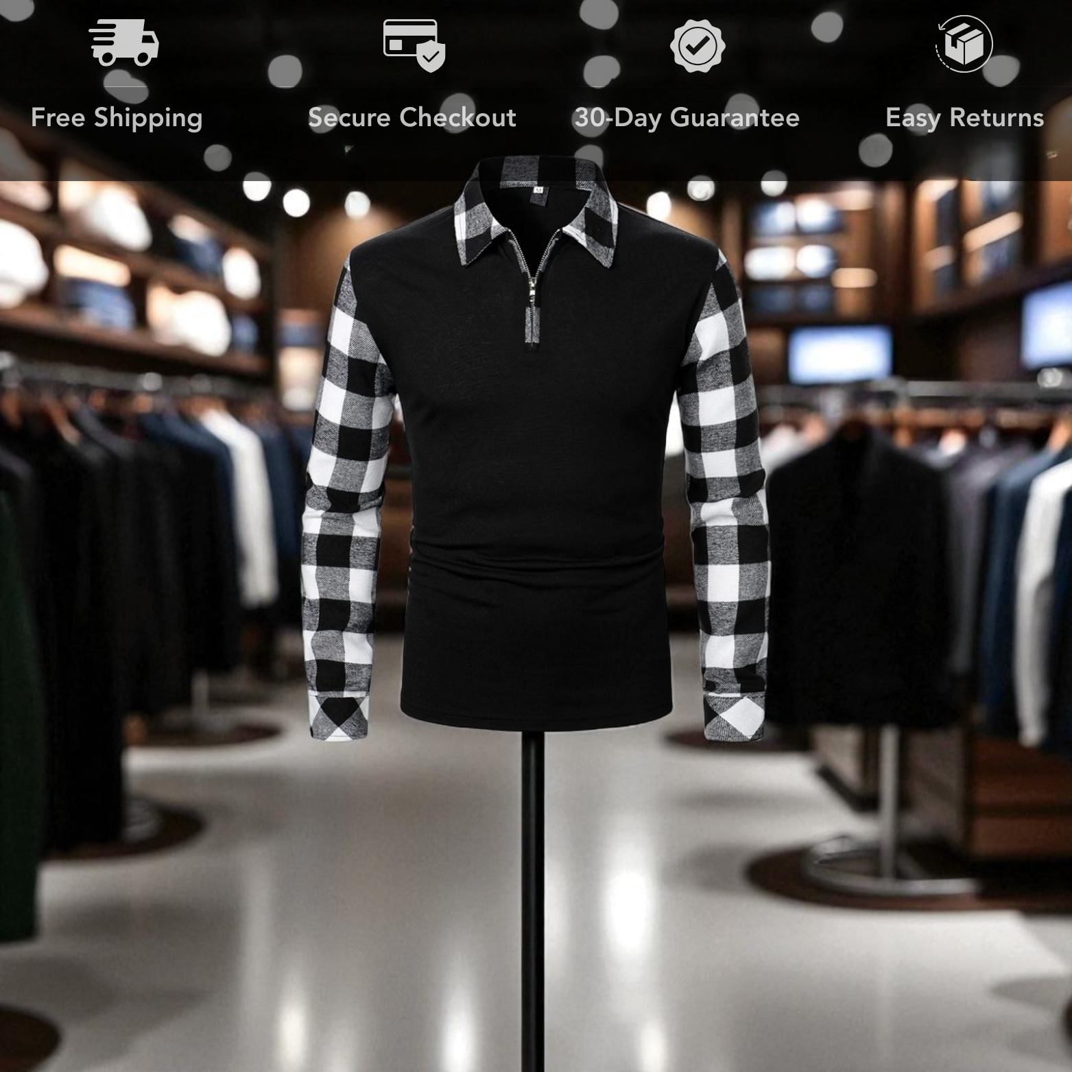 Modern men pullover shirt store display front view – The Crew