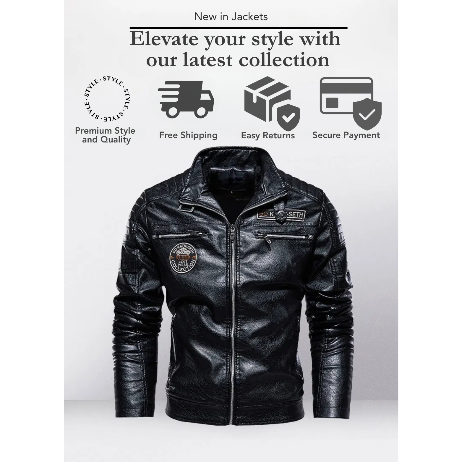 Biker jacket front view Black color – The Crew
