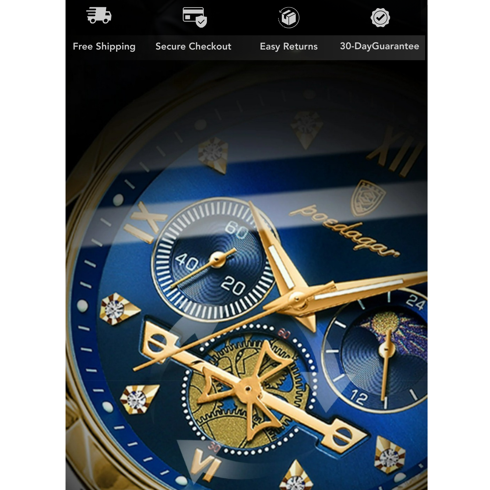 POEDAGAR 996 Chronograph Blue Dial Close Up – The Crew