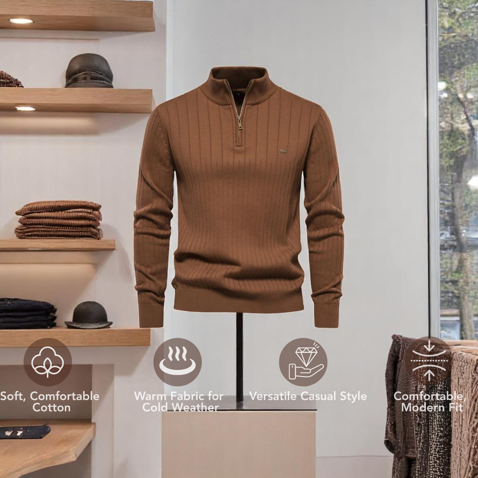 Brown autumn zip sweater lifestyle display – The Crew