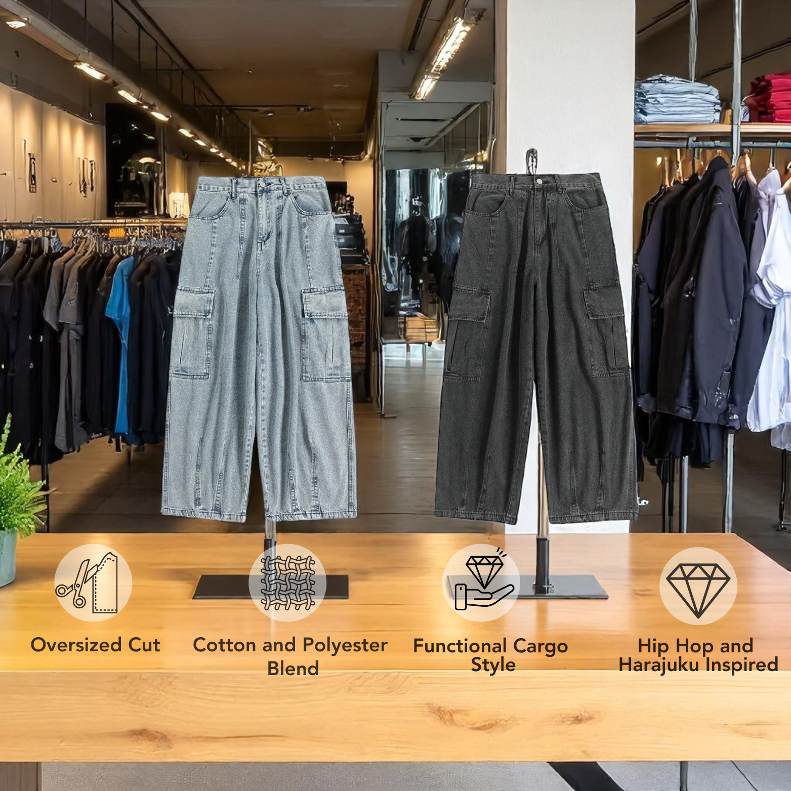 Men’s Wide Cargo Streetwear Jeans – Pockets & Urban Style – The Crew