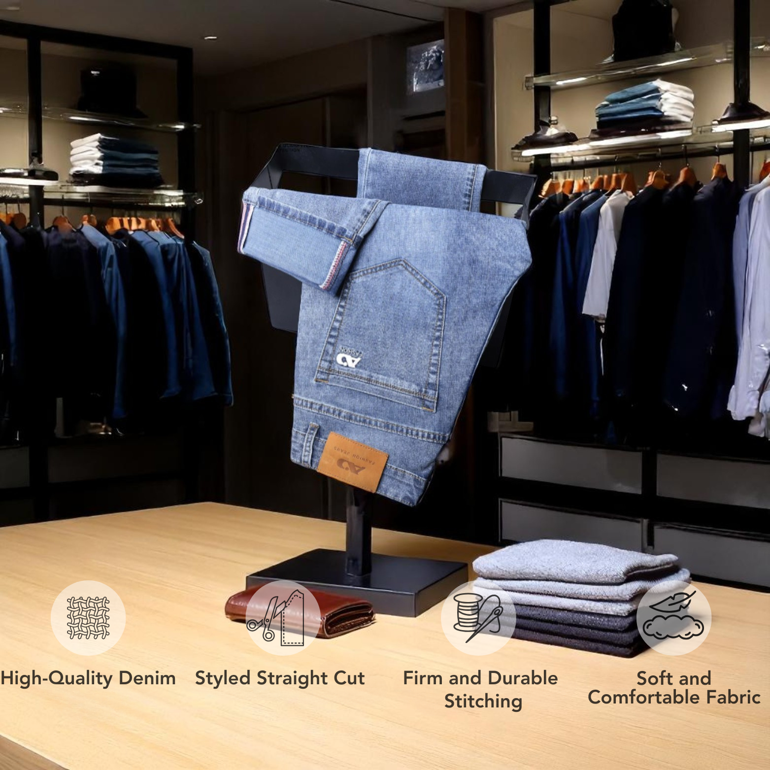 Men slim stretch jeans retail store display – The Crew