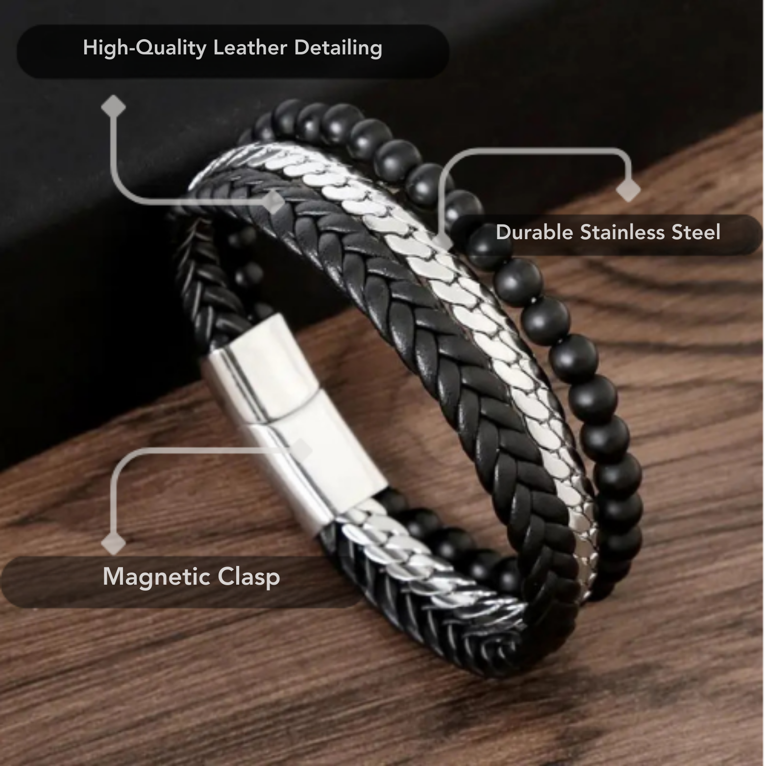 Braided leather steel bracelet on wrist – The Crew