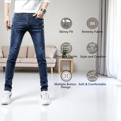 Men slim skinny button jeans lifestyle indoor outfit – The Crew