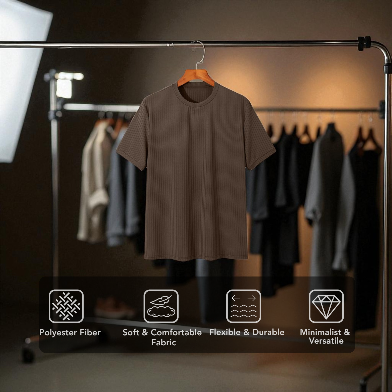 Brown minimalist men t-shirt retail store display – The Crew