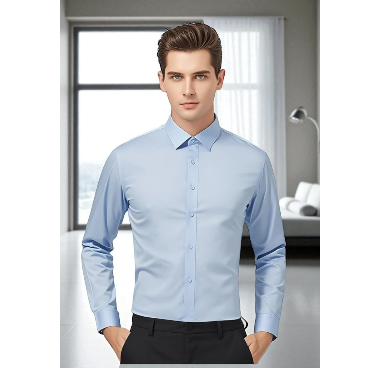 Men slim fit dress shirt model wearing outfit – The Crew