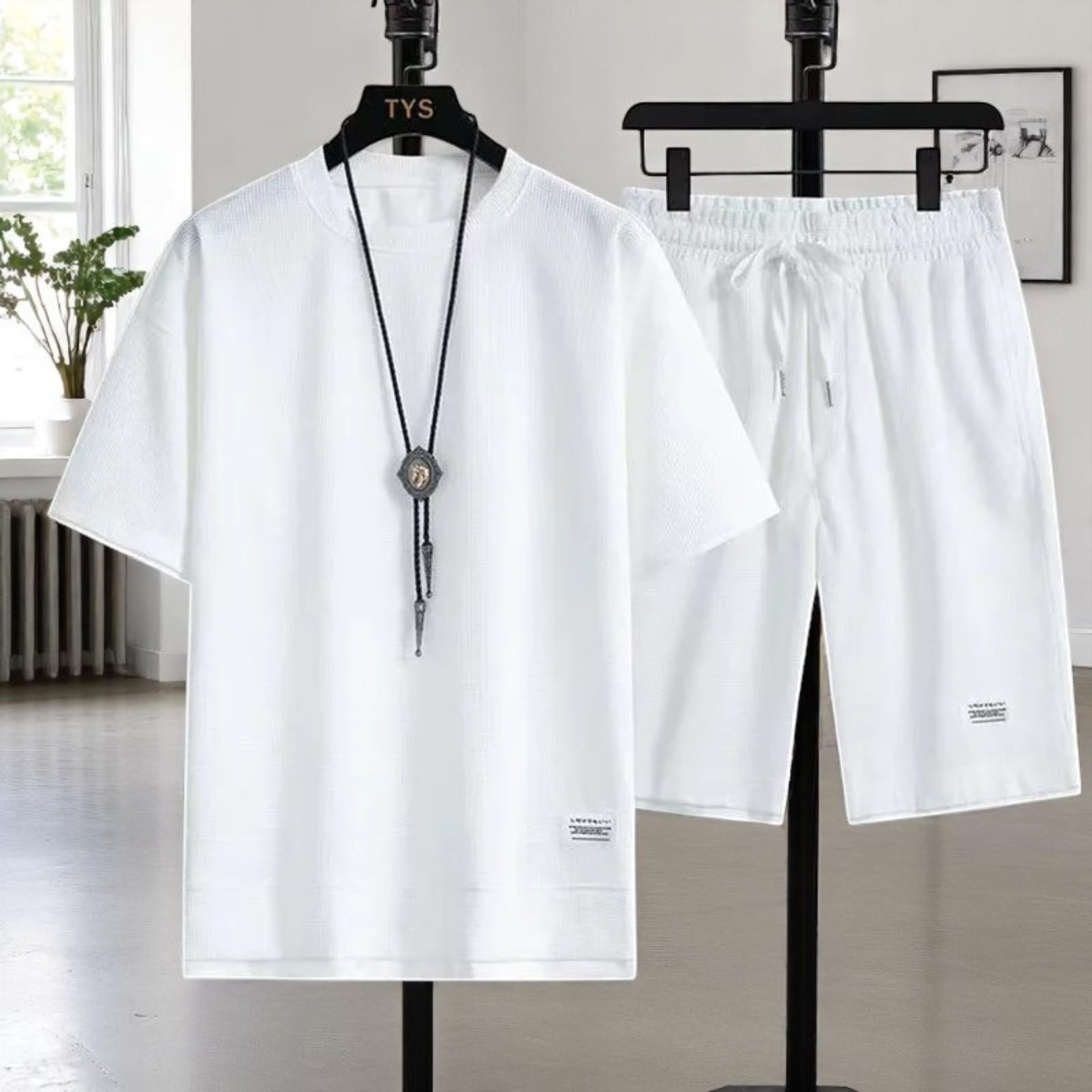 Men summer waffle set white minimal outfit – The Crew