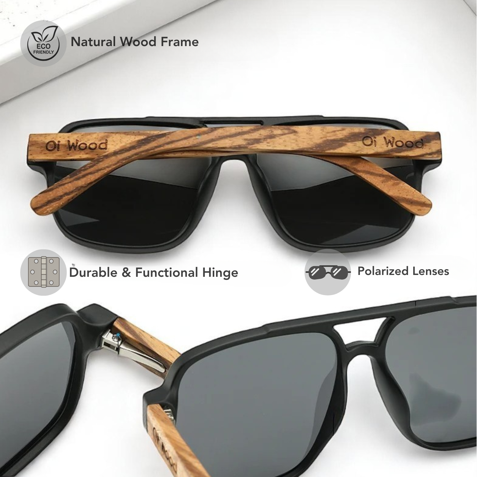 Square wood polarized sunglasses wood texture detail – The Crew