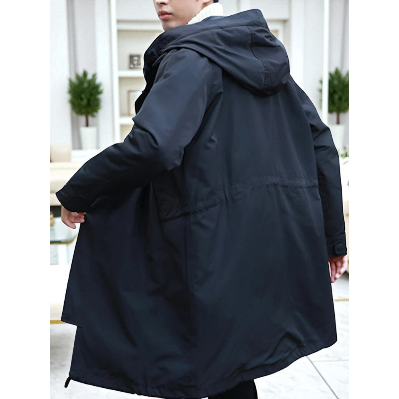 Men black trench coat back view hood up – The Crew