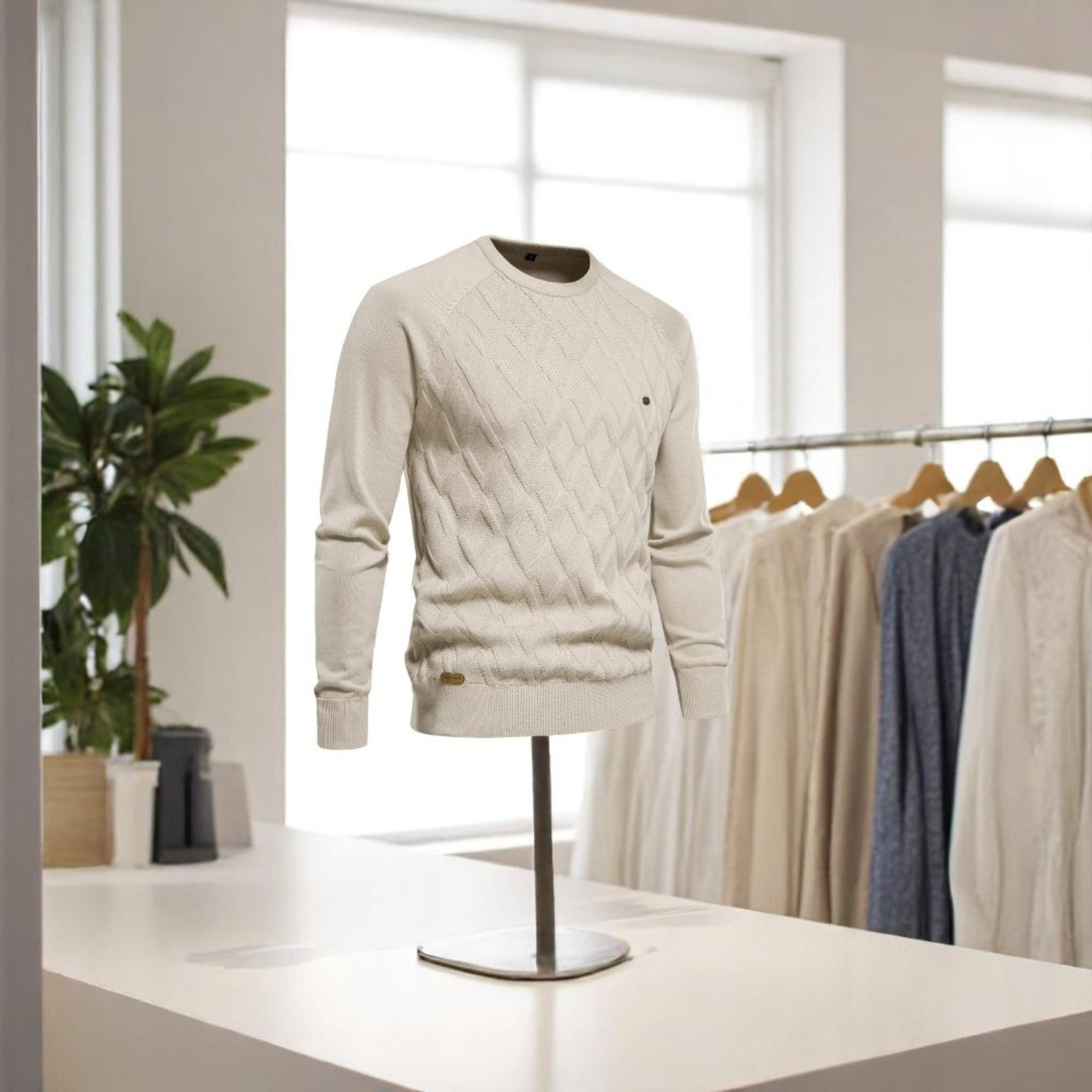 Men’s Beige Diamond Knit Sweater Lifestyle – The Crew