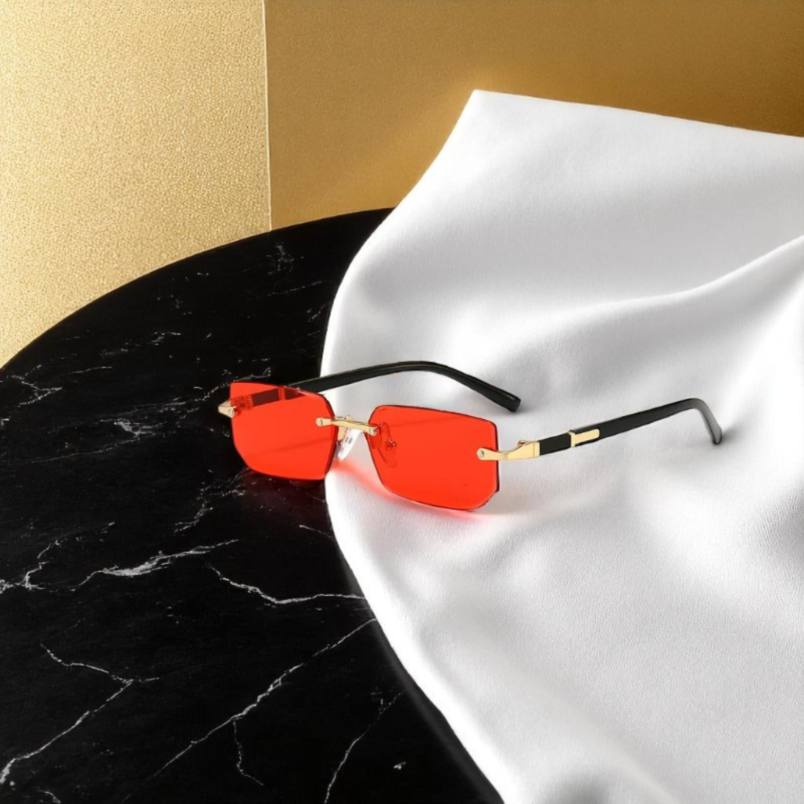 Men’s Rimless Square Sunglasses Red Lens – The Crew