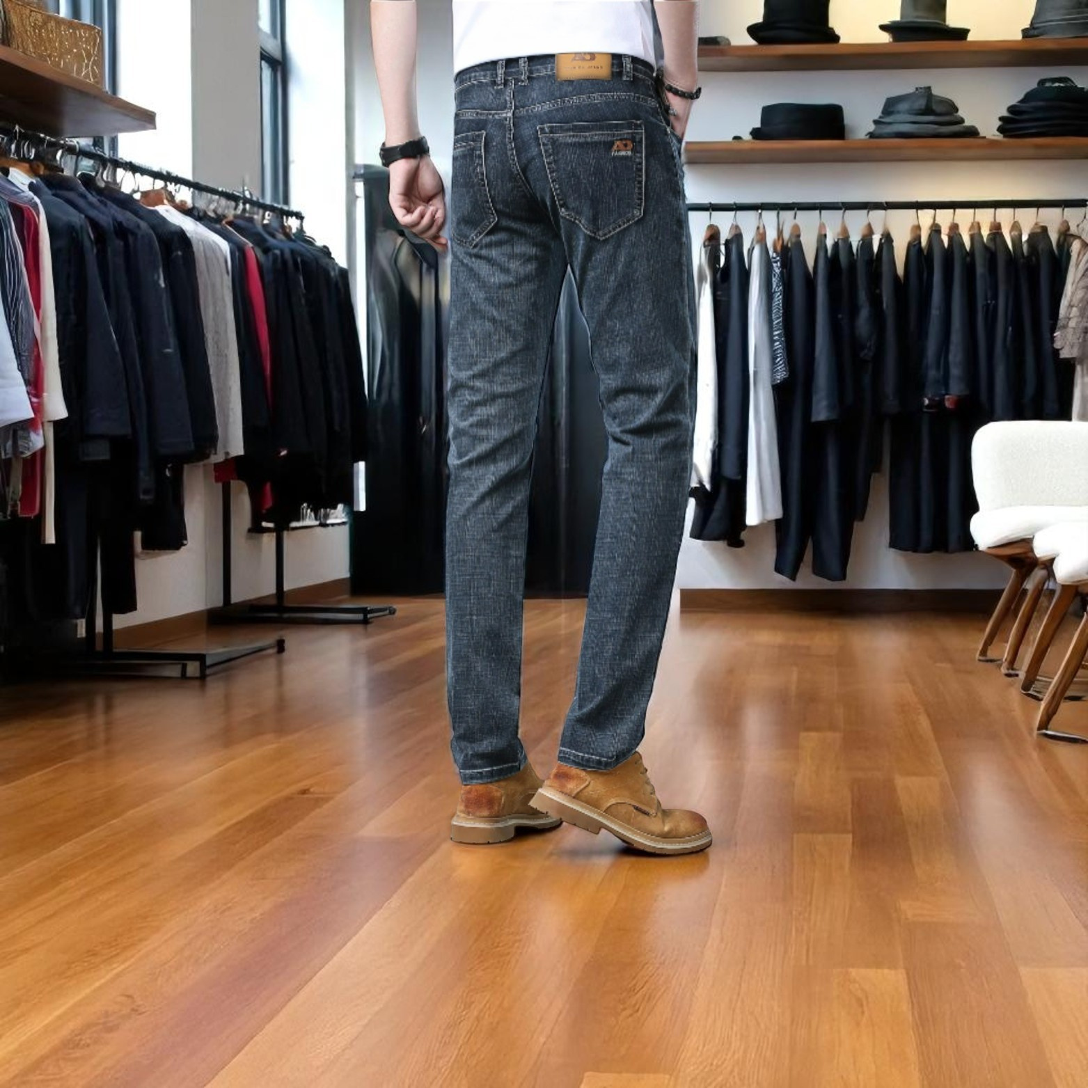 Men slim jeans back view classic fit – The Crew