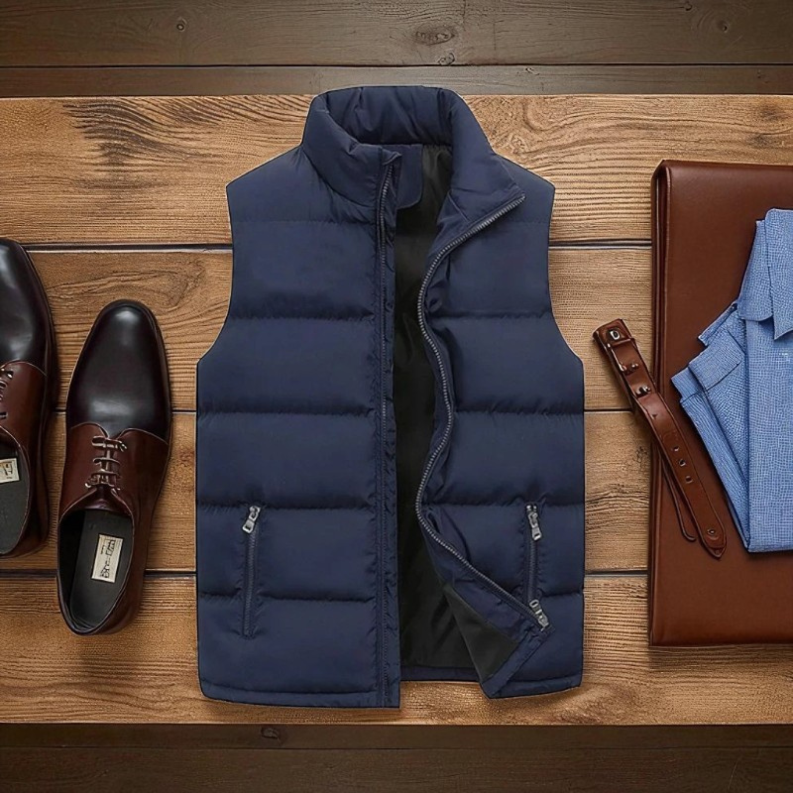 Navy Blue Men’s Winter Vest Flat Lay – The Crew