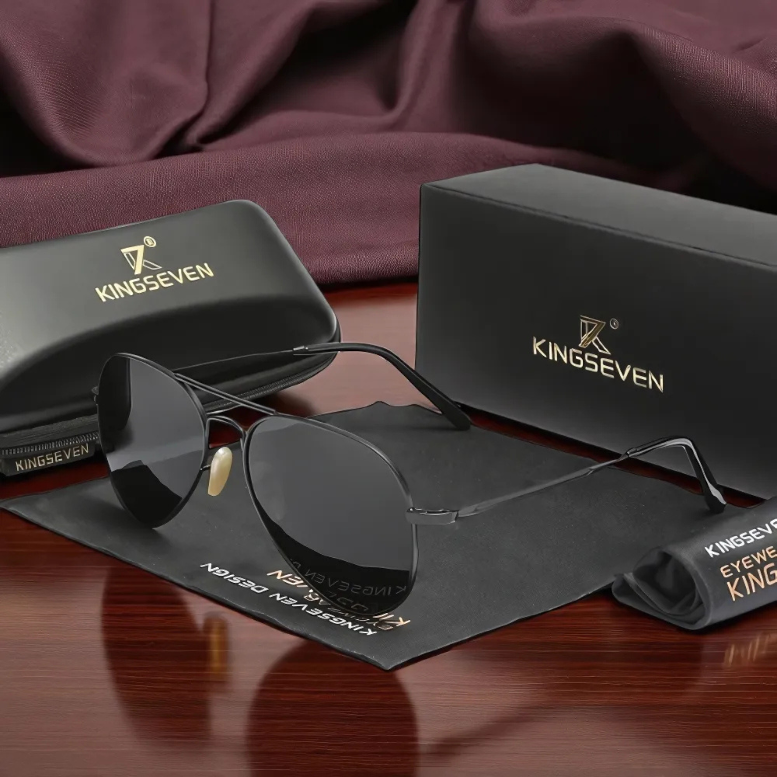 KINGSEVEN black aviator sunglasses retail display – The Crew