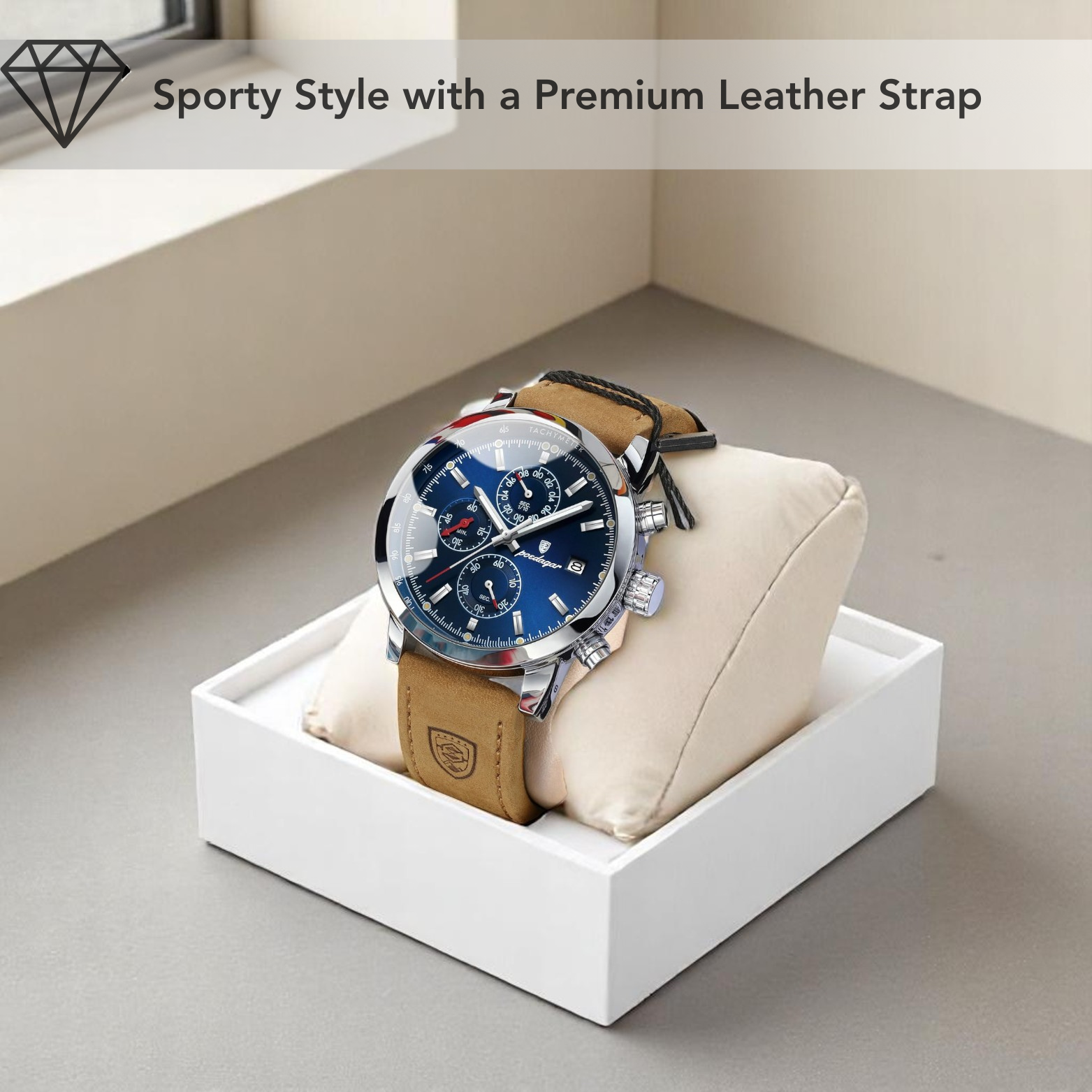 POEDAGAR 932 Leather Chronograph Luxury Gift Display – The Crew
