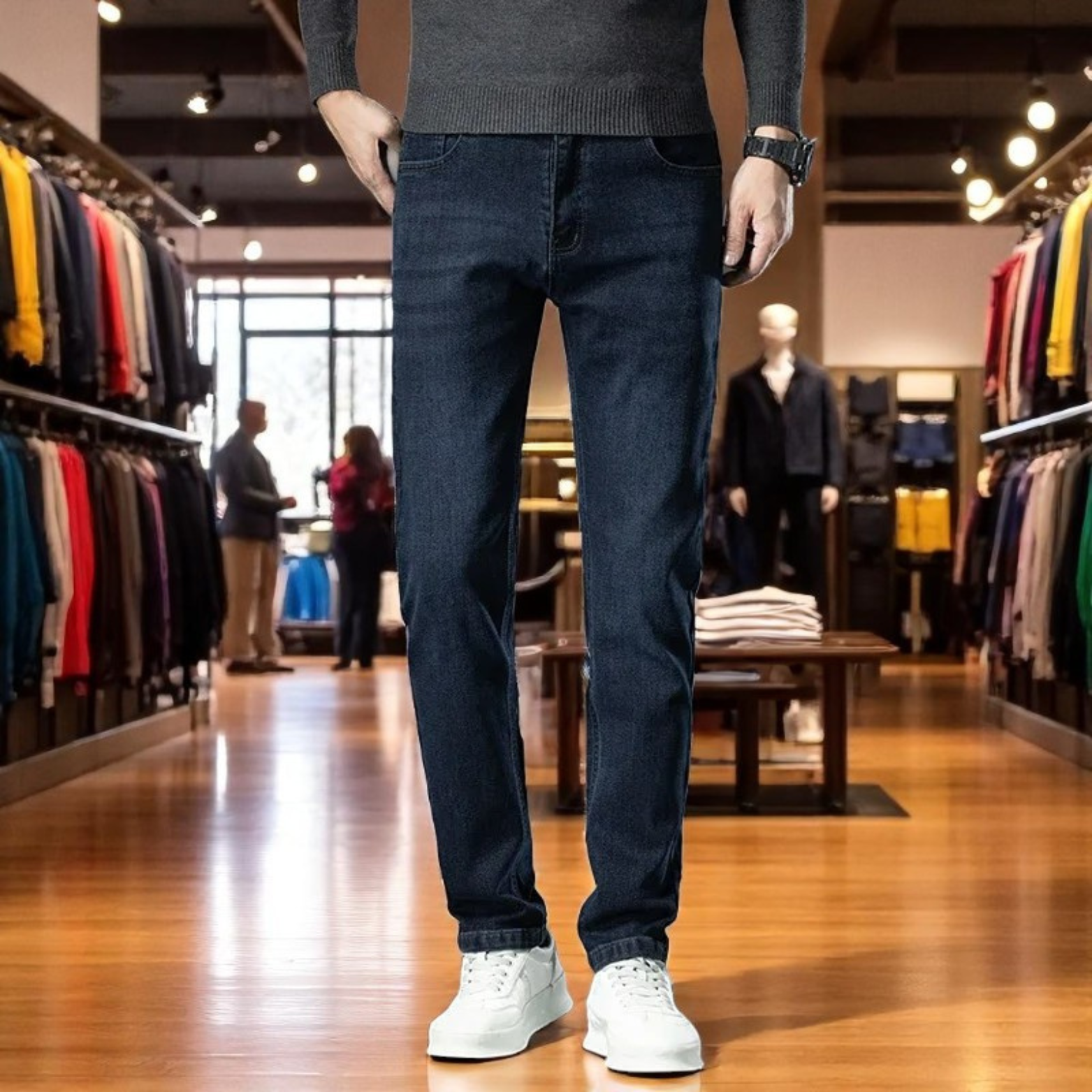 Men straight jeans walking indoor outfit – The Crew