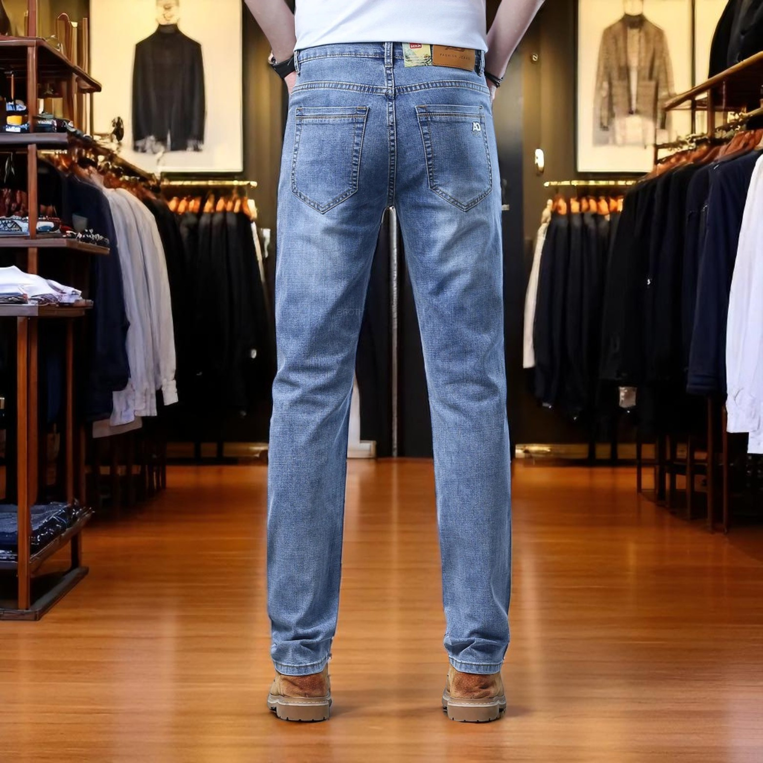 Men slim stretch jeans indoor lifestyle outfit – The Crew