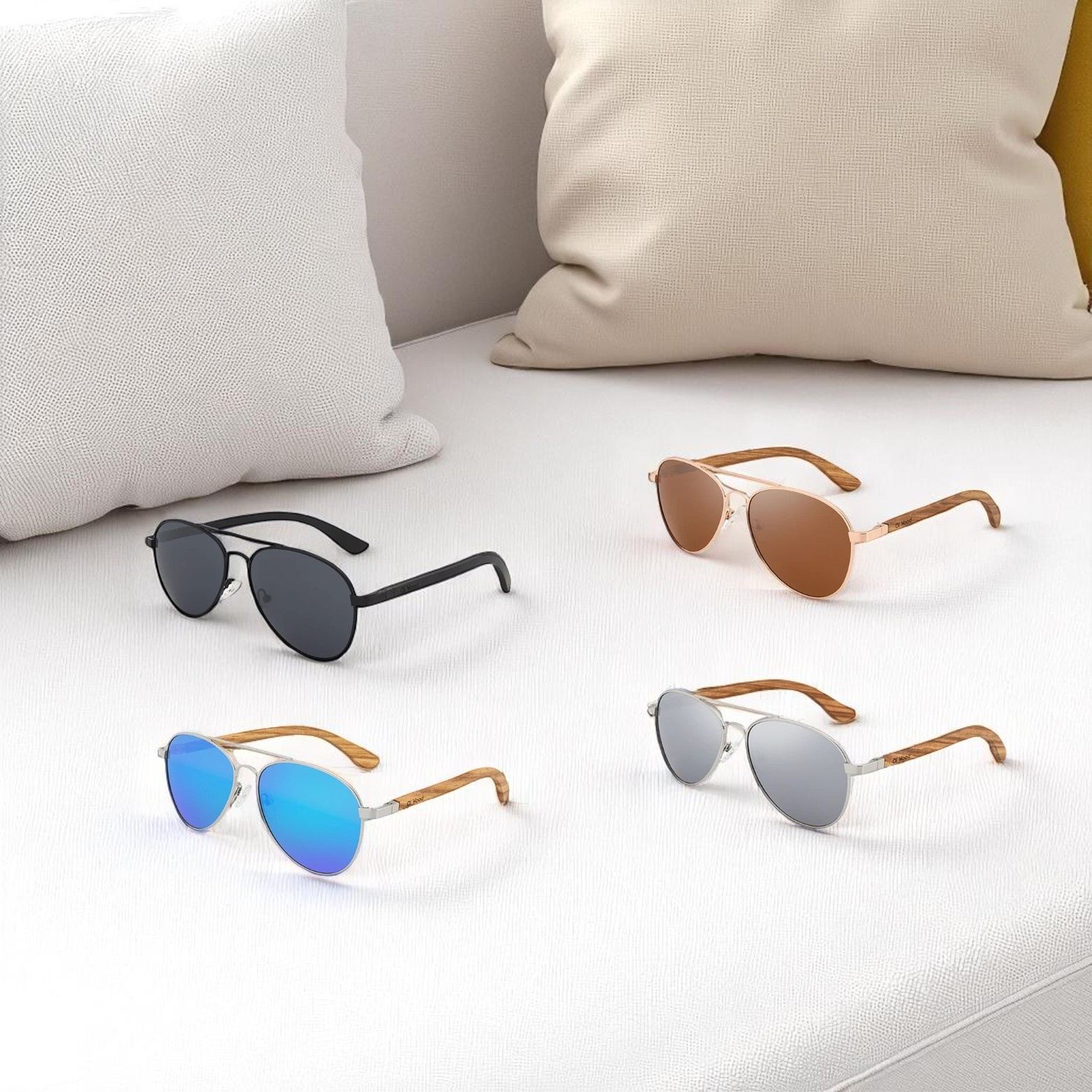Men’s Wooden Aviator Sunglasses Lifestyle Sofa Display – The Crew