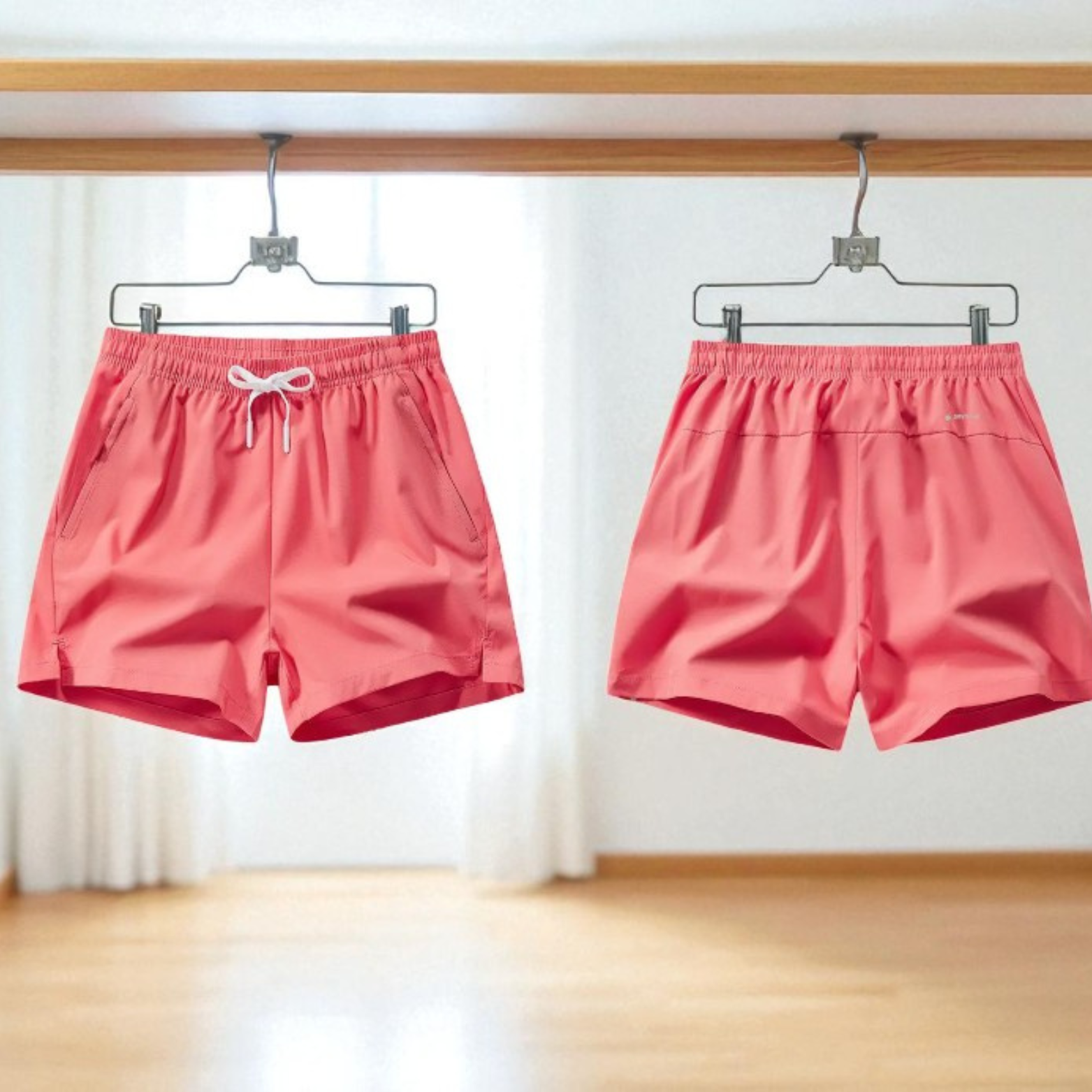 Coral Ice Silk Beach Shorts Hanging – The Crew