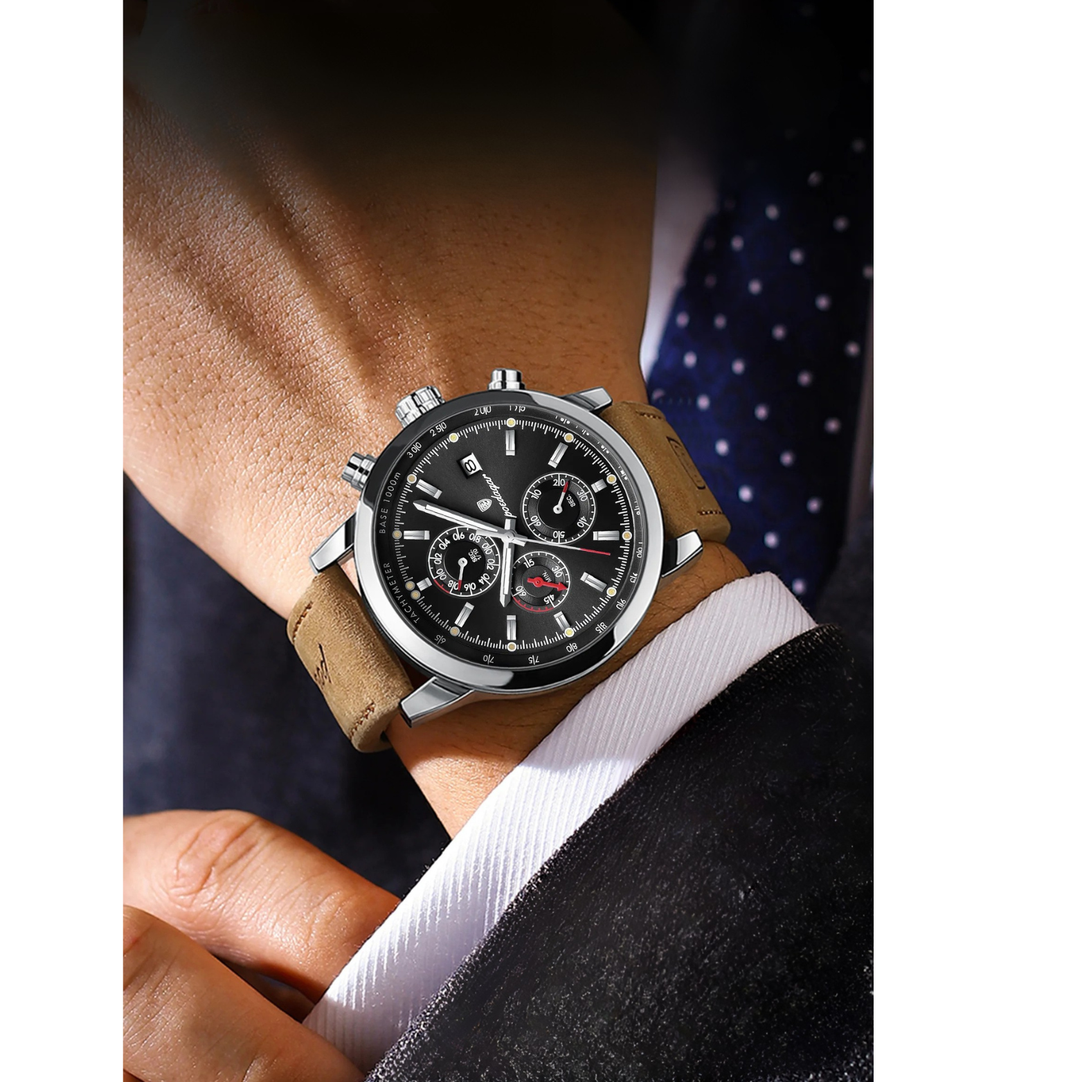 POEDAGAR 932 Leather Chronograph Black Dial Wrist Shot – The Crew