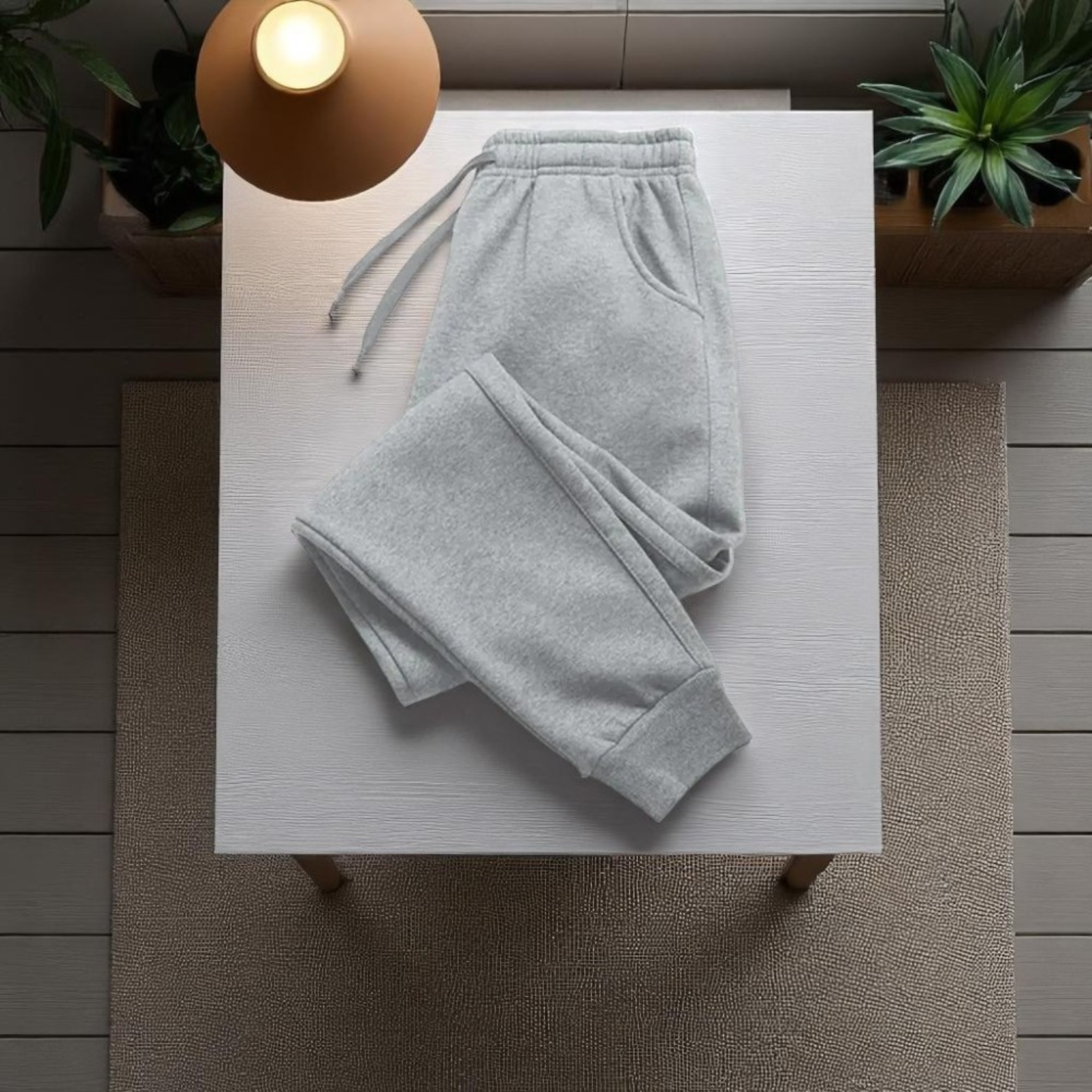 Men jogger pants gray flat lay fabric view – The Crew