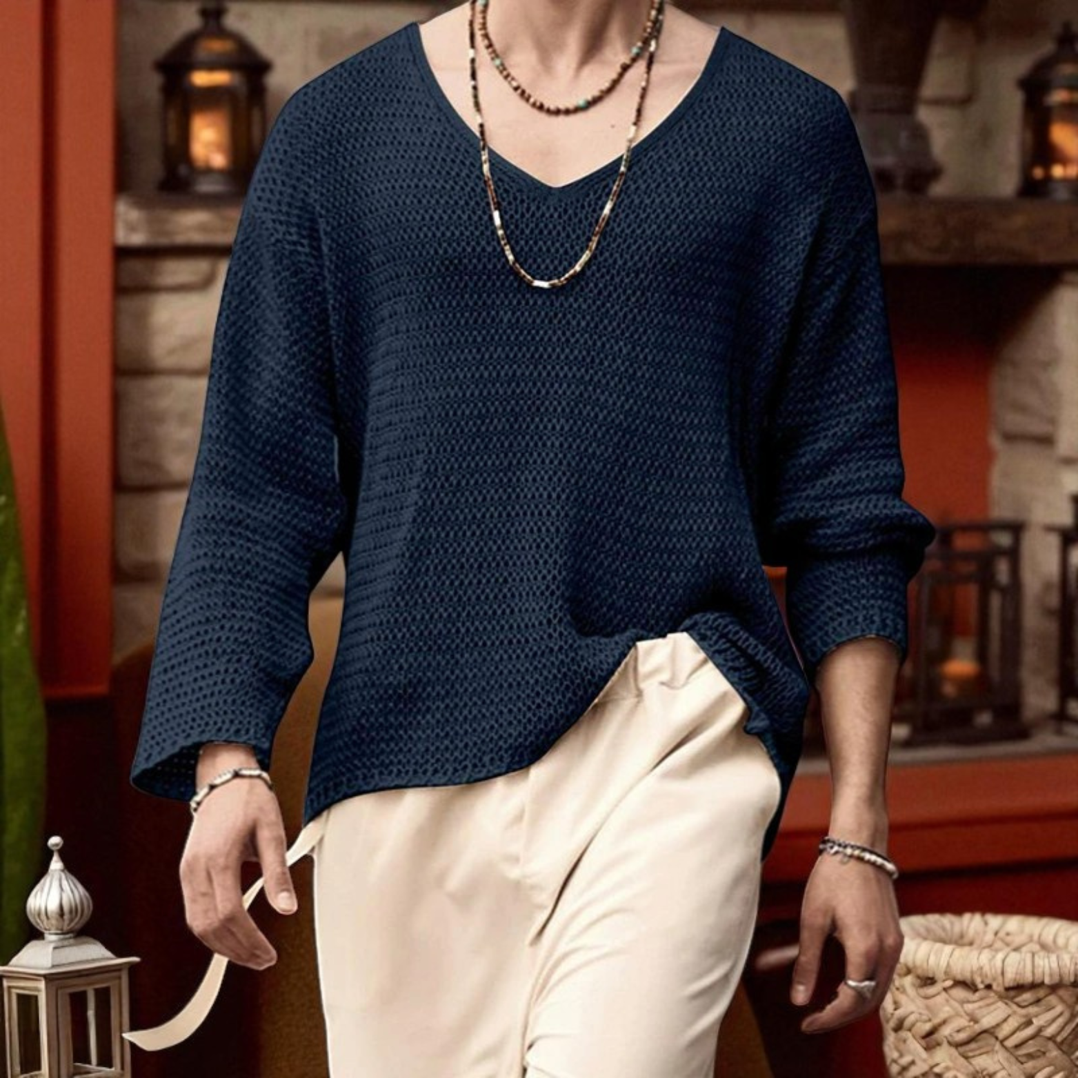 Men Wearing Navy V-Neck Knit Shirt Casual Look – The Crew