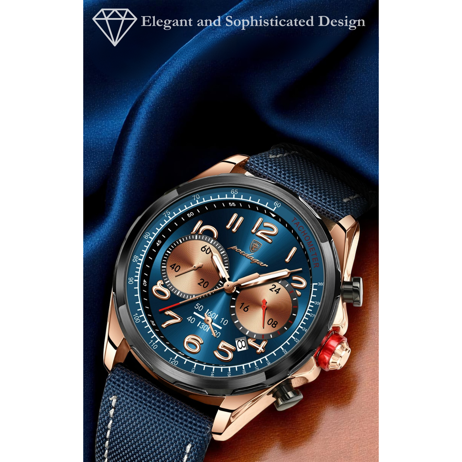 POEDAGAR 862 Leather Chronograph Dial Close Up – The Crew