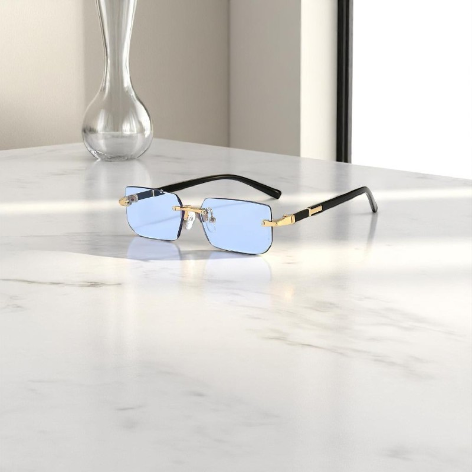 Men’s Rimless Square Sunglasses Blue Mirror Lens – The Crew