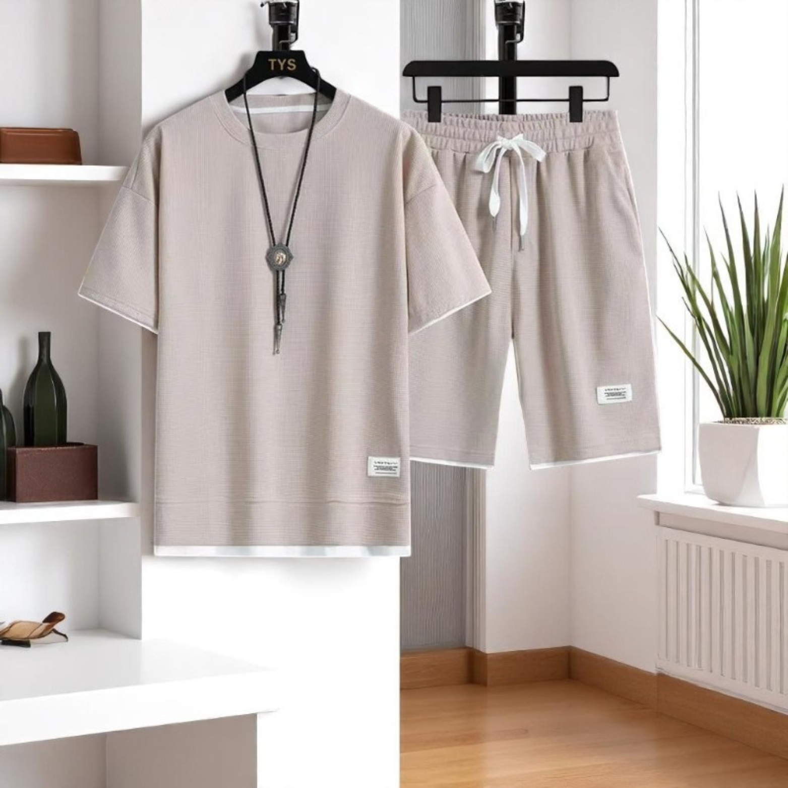 Men summer waffle set beige lifestyle scene – The Crew