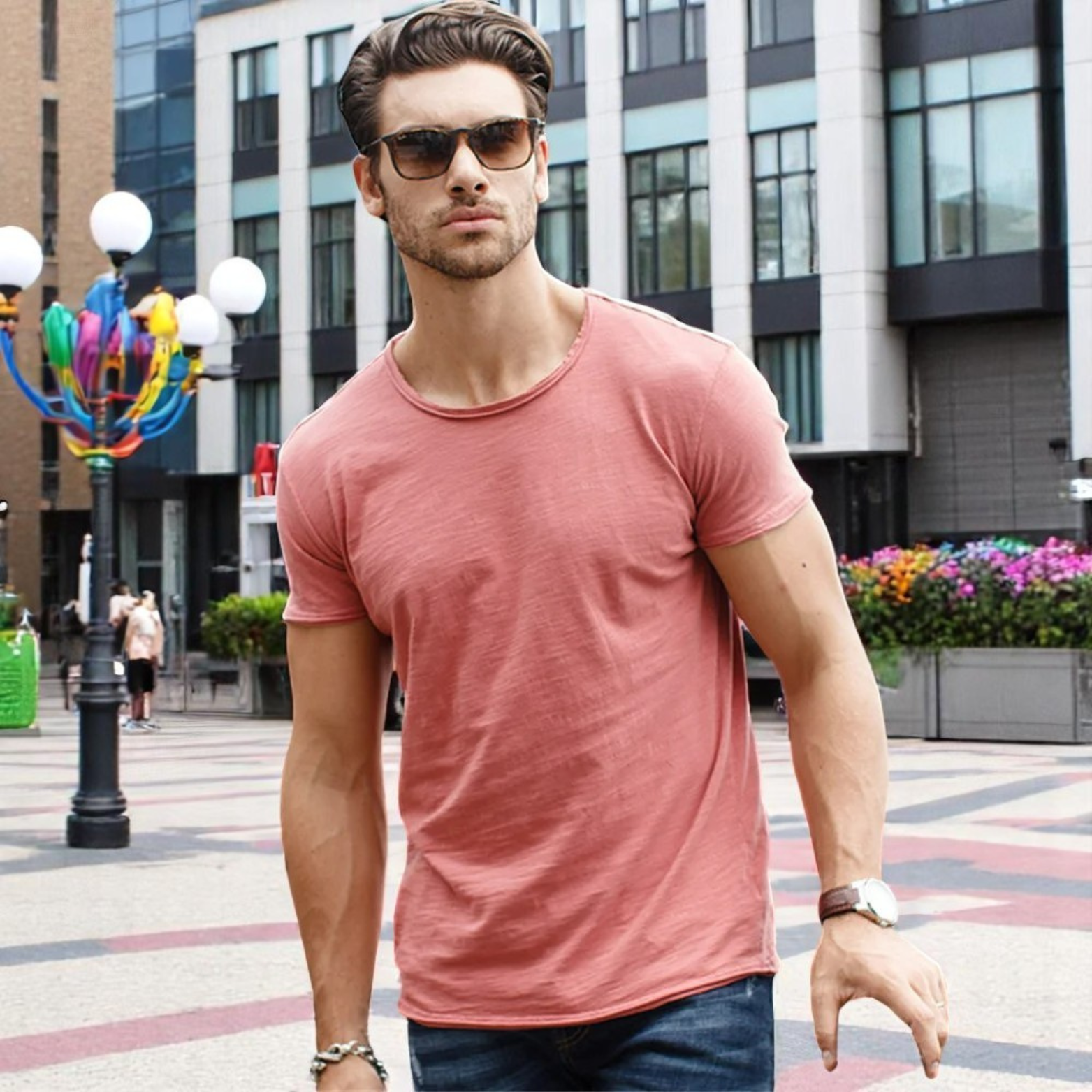 Man wearing Pink cotton T-shirt summer outfit – The Crew