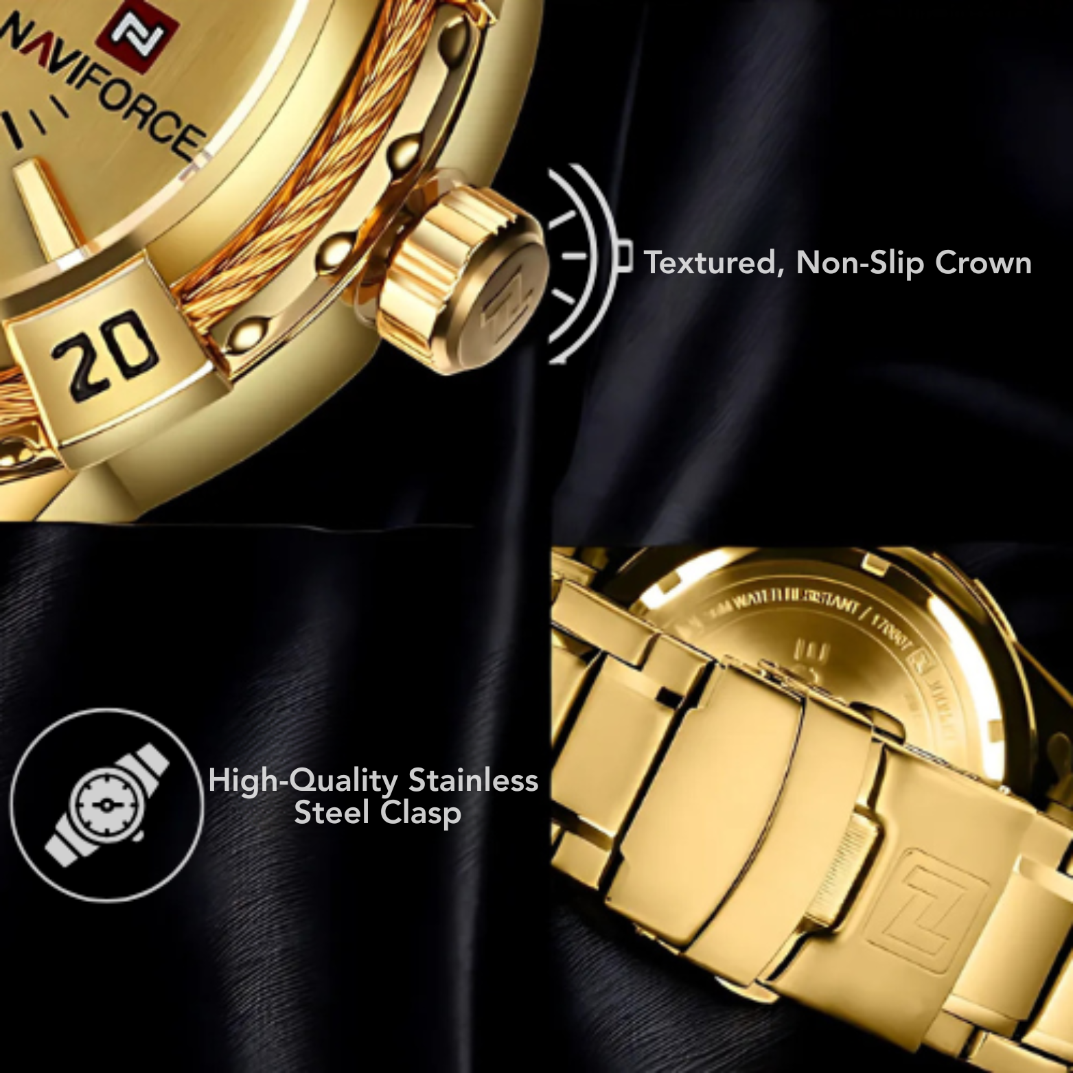 NAVIFORCE Classic Quartz Watch Gold Case Close Up – The Crew