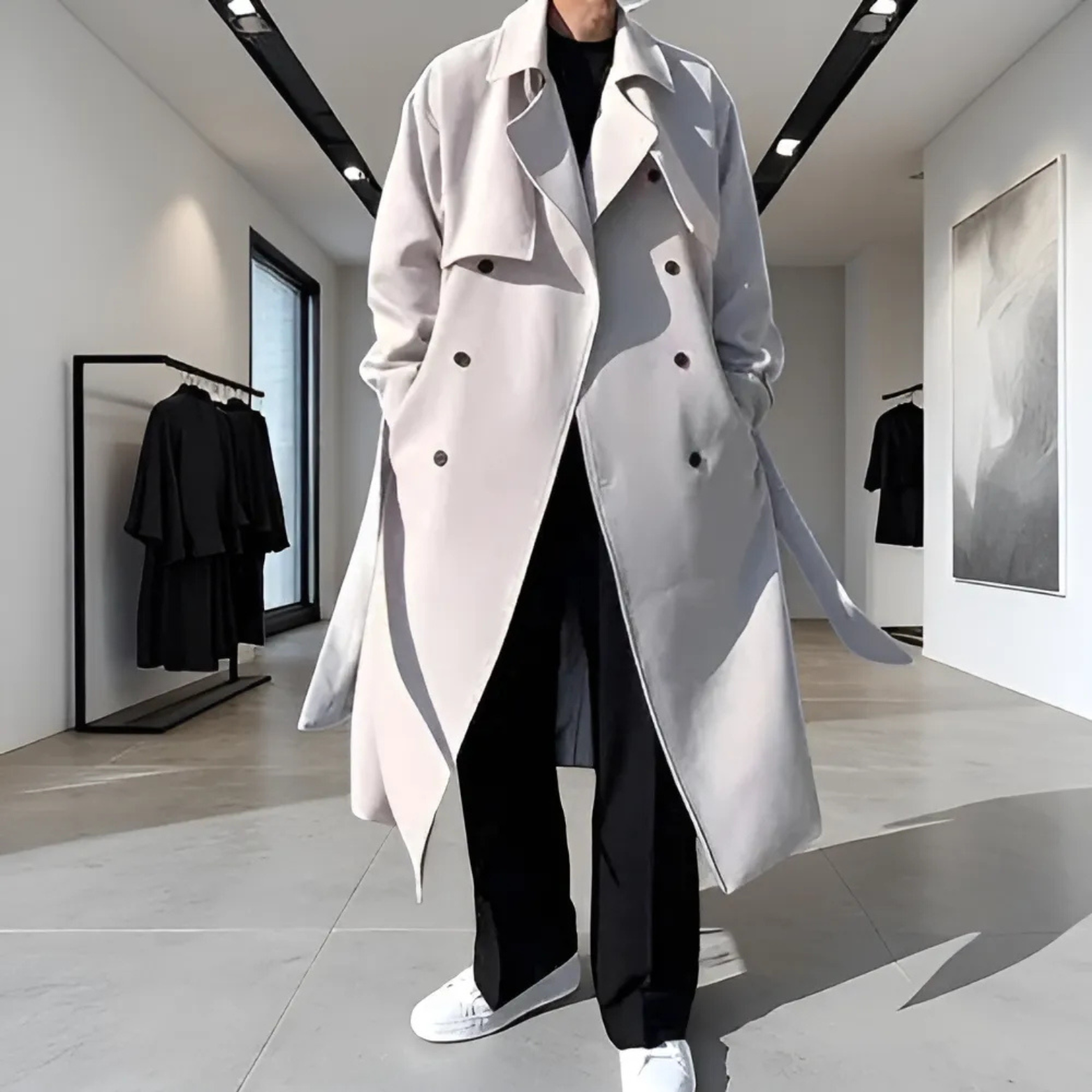 Men Korean trench coat indoor hallway outfit – The Crew
