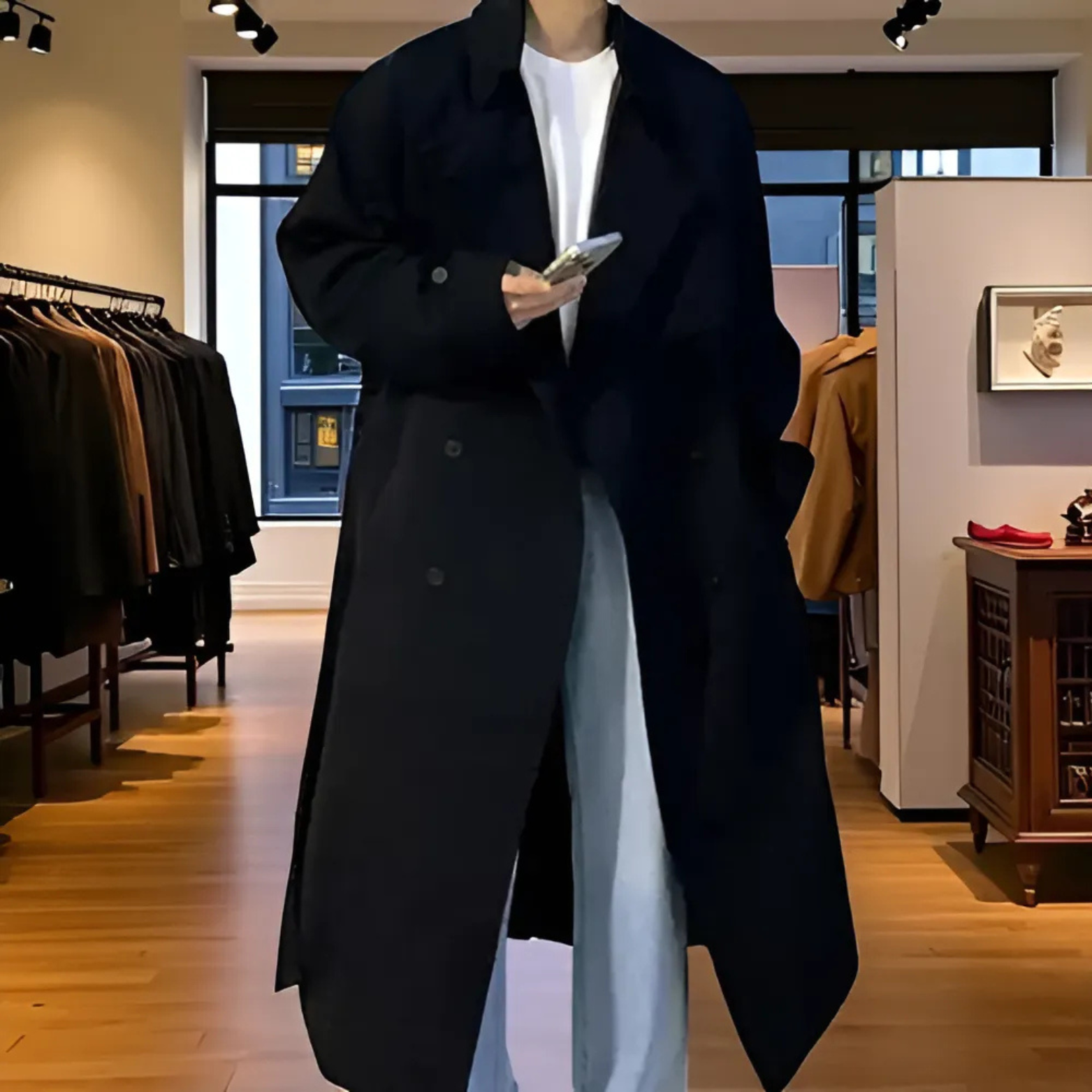 Men long trench coat walking urban style – The Crew