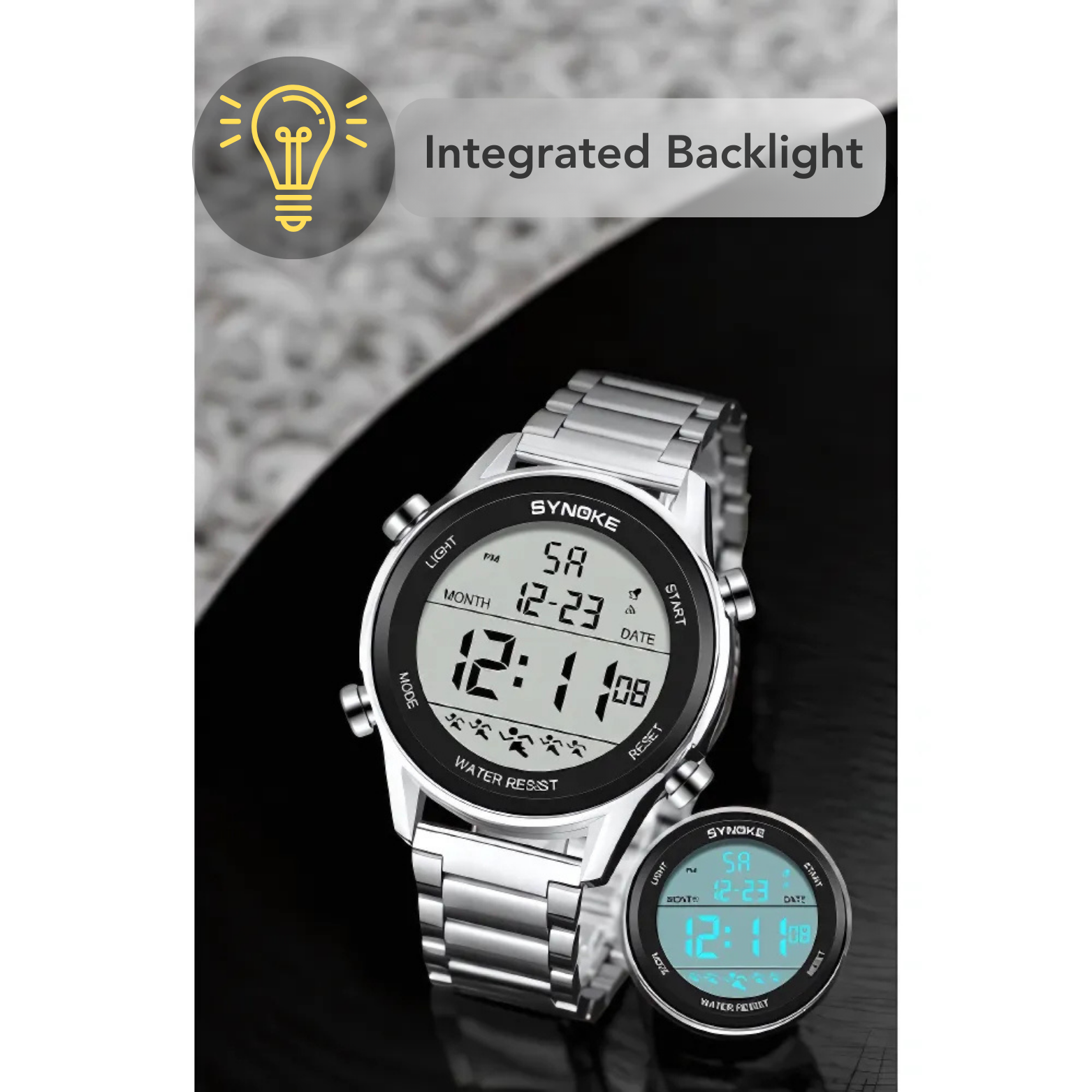 SYNOKE Stainless Steel Digital Sports Watch Lifestyle Desk Shot – The Crew