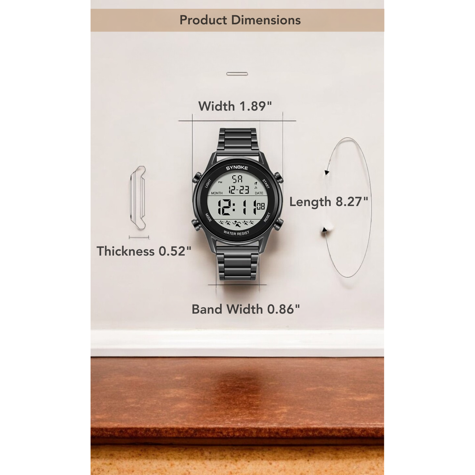 SYNOKE Stainless Steel Digital Watch Product Dimensions – The Crew
