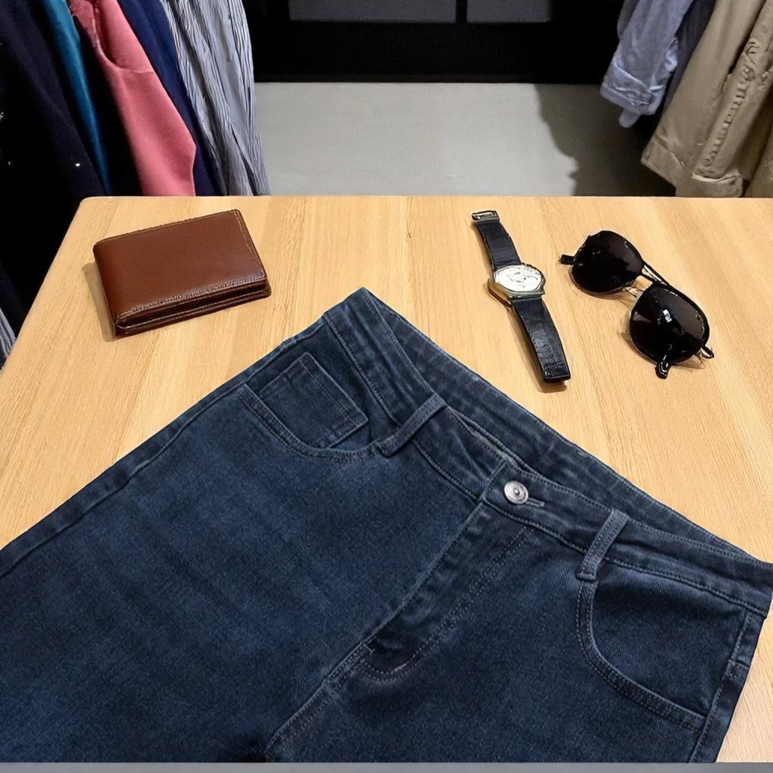 Men stretch straight jeans desk flat lay – The Crew