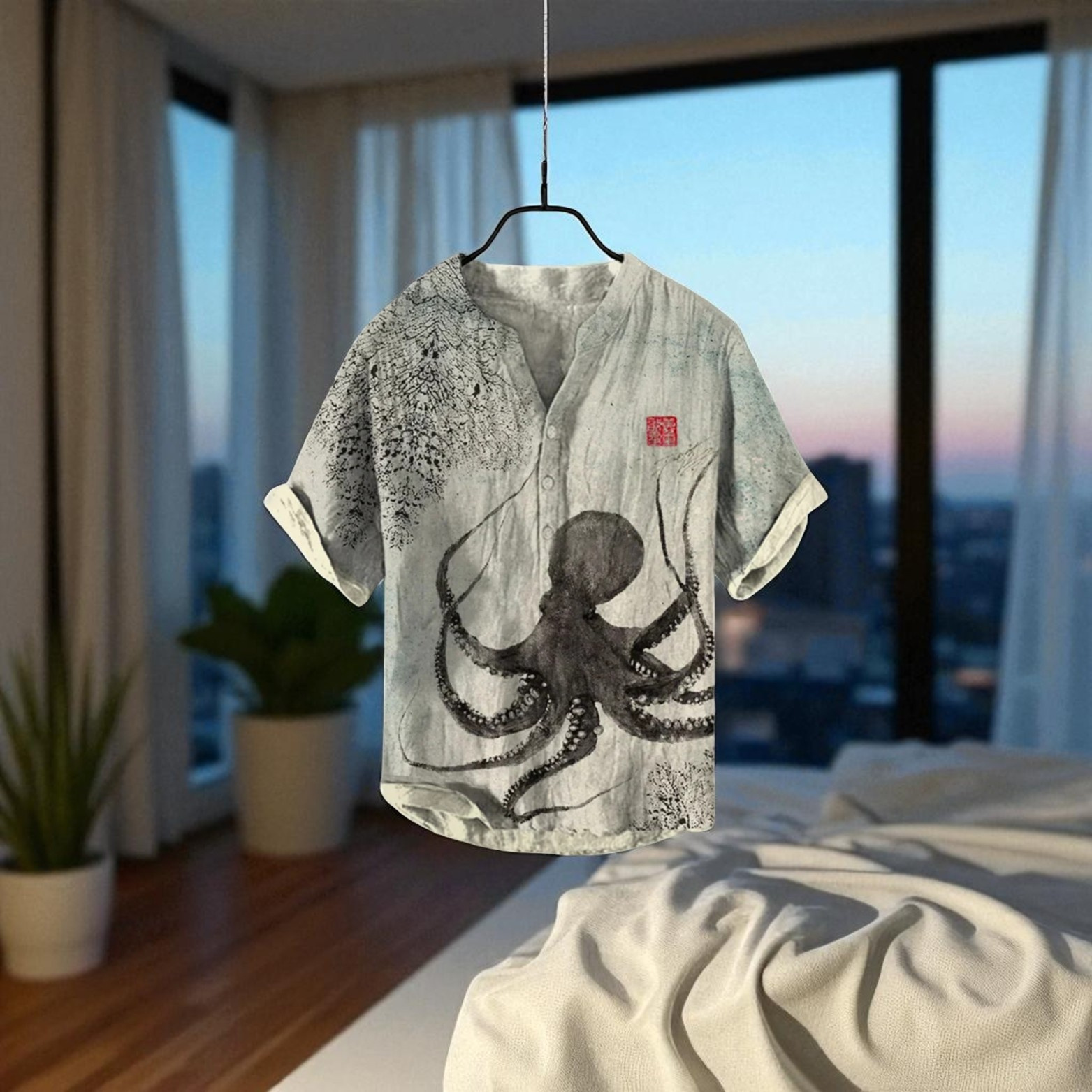 Beige Octopus 3D Print Linen Shirt – The Crew