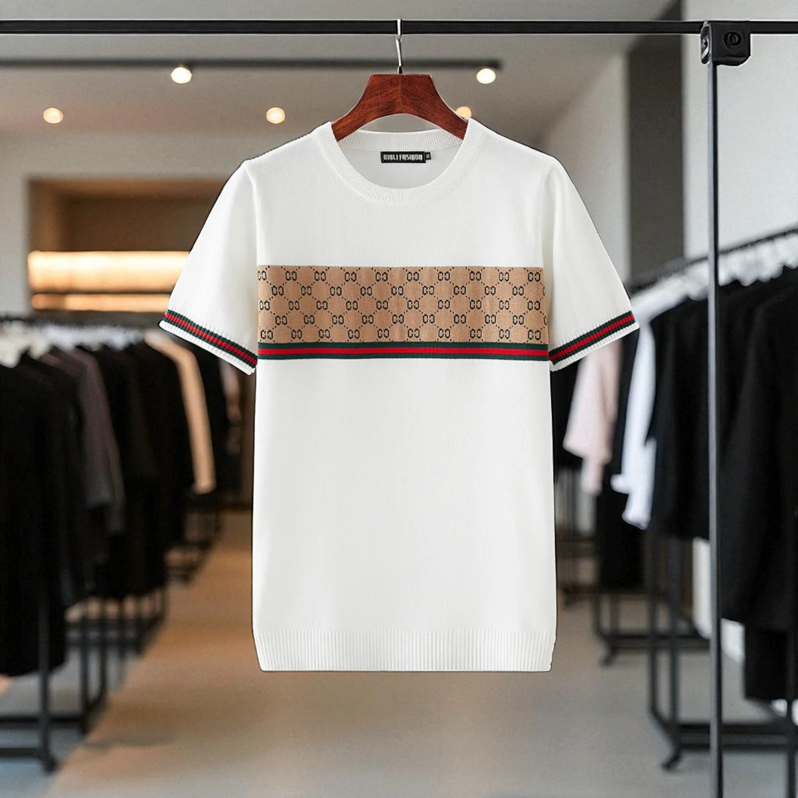 White Cotton Knit T-Shirt with Geometric Band – The Crew