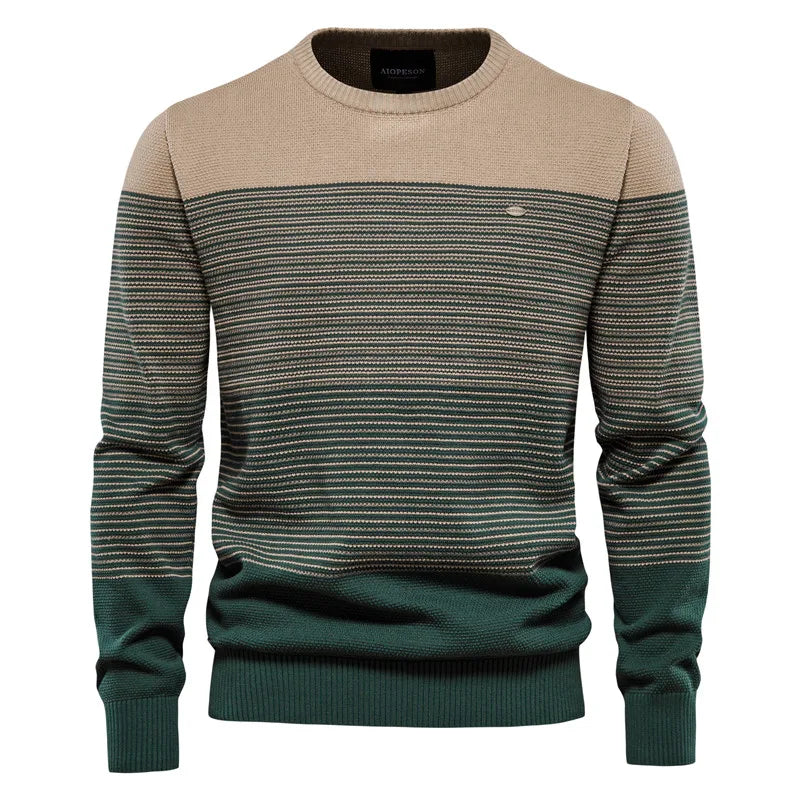 Men’s Green Striped Panel Winter Sweater Front View – The Crew