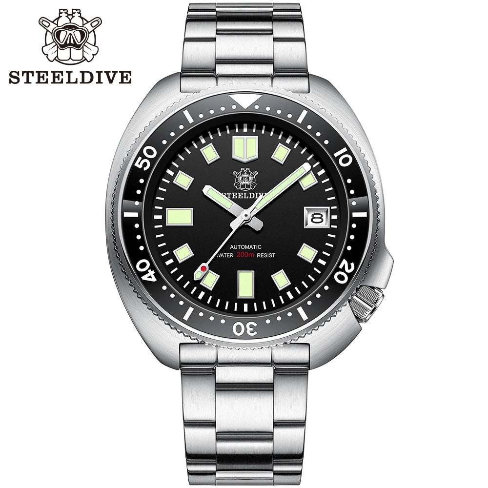 STEELDIVE SD1970 Black Dial Stainless Steel Front – The Crew