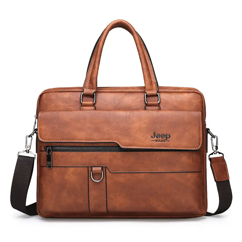 Men’s Premium Leather Business Briefcase Brown Front View – The Crew