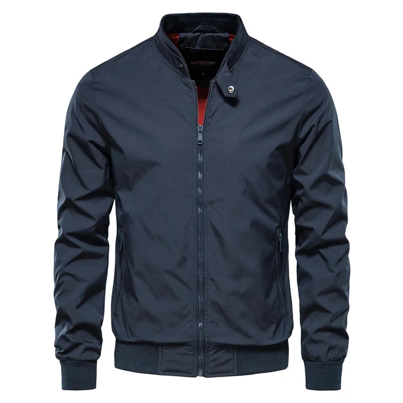 Navy blue slim fit bomber jacket men front – The Crew