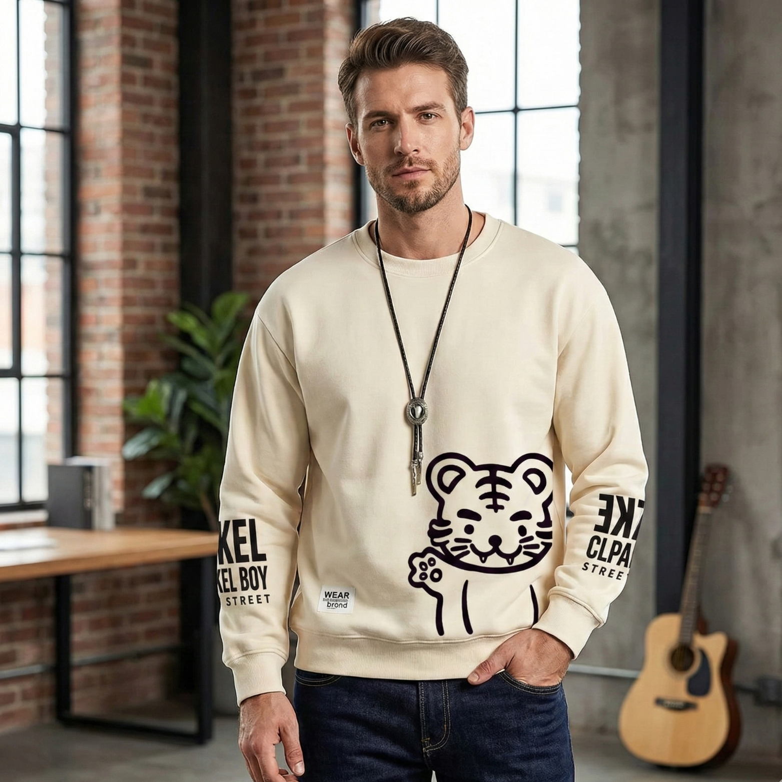 Men’s Japanese Tiger Sweatshirt Beige Front View – The Crew