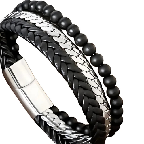 Black leather bracelet bead style men – The Crew