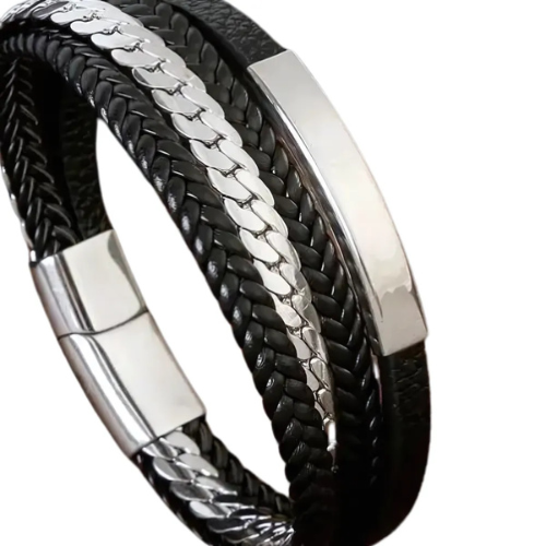 Black leather and steel bracelet minimal style – The Crew