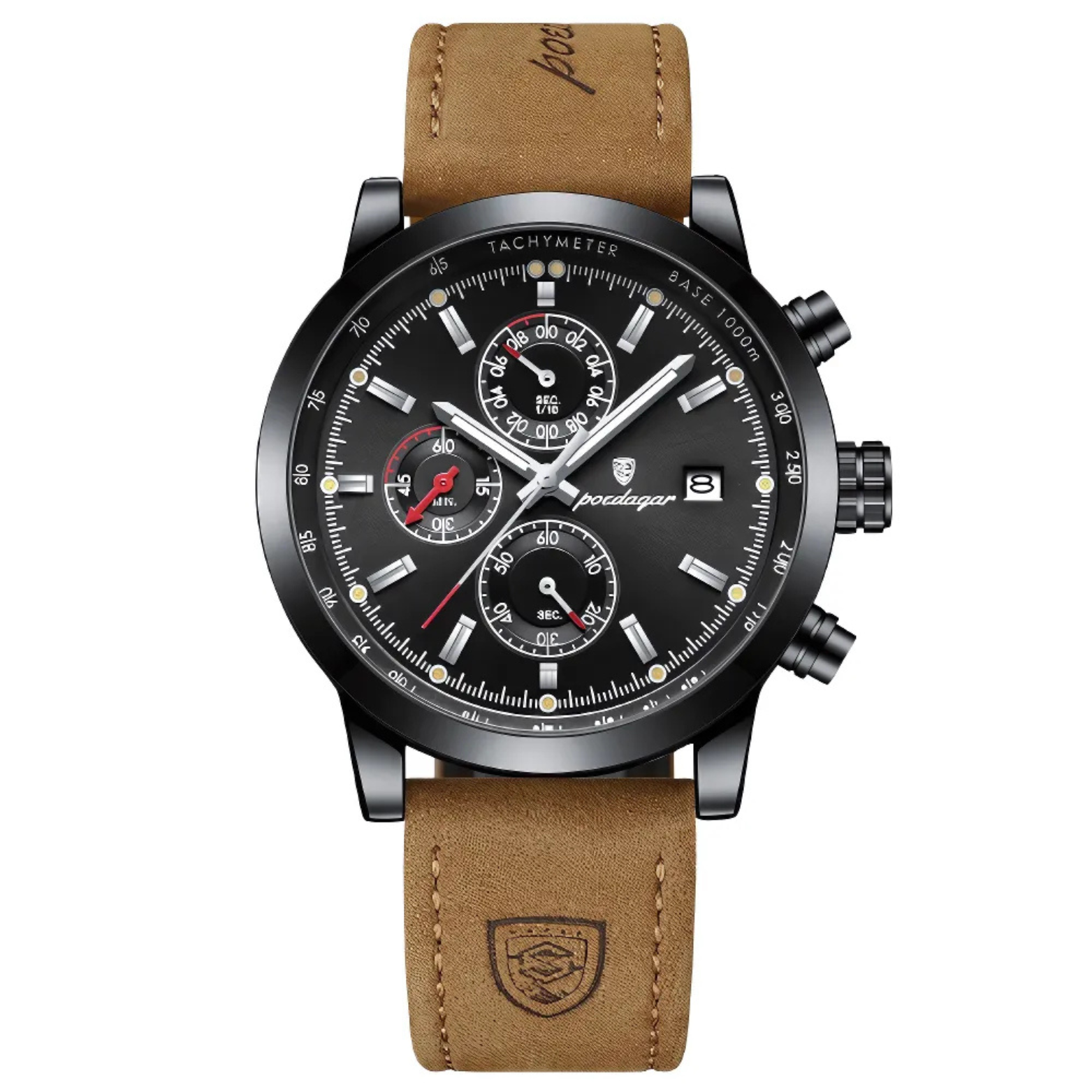 POEDAGAR 932 Leather Chronograph Black Dial – The Crew
