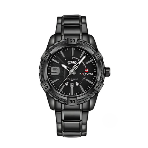 NAVIFORCE Classic Quartz Watch Black Stainless Steel Front – The Crew