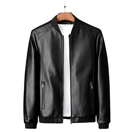 Black PU leather biker jacket front hanging – The Crew